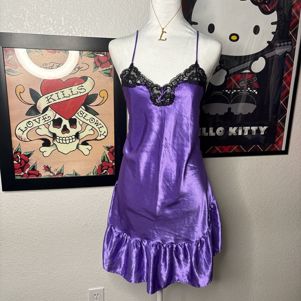 Delicates Purple Satin Lace Trim Babydoll Dress Y2K Slip Mini Coquette Fairycore